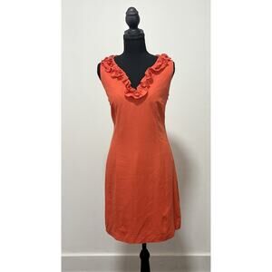 Sharagano Women’s Orange Linen Blend Sheath Dress Ruffle Neck Sleeveless Size 10